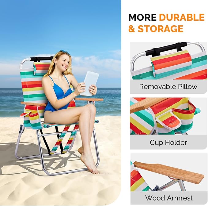 Bonnlo Lightweught 17 Backpack Beach Chair Tall Beach Chairs for Adults Portable with Adjustable Straps 3-Position Reclining Cup Holder High Beach Chairs for Beach
