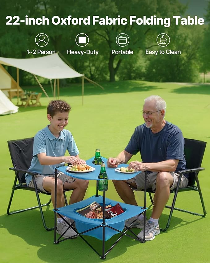 VEVOR Folding Camping Table Portable Outdoor Lightweight Picnic Table 600D Oxford Fabric Waterproof Canvas Travel Beach Tables with 4 Cup Holders Carry Bag for Tailgating Camping Picnic Blue