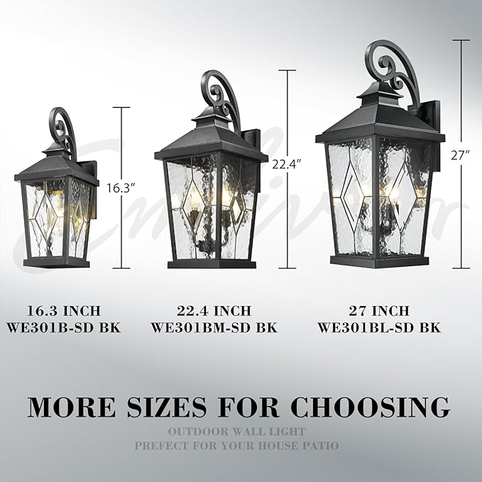 Emliviar Outdoor Light Fixture for Porch 27-Inch Extra Large Exterior Porch Lantern Light Waterproof Aluminum Outdoor Wall Sconce in Black Finish WE301BL-SD BK