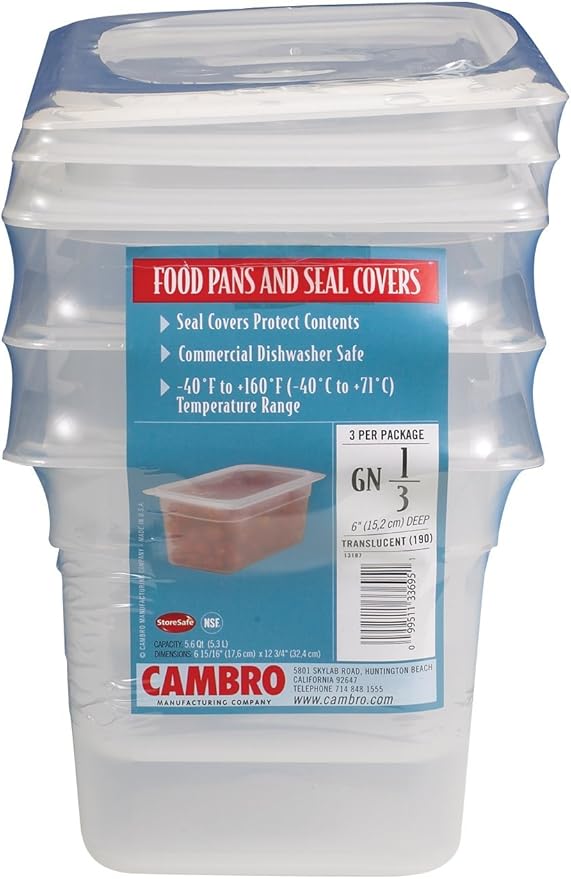 Cambro 5.6 Quarts Set of 3 Translucent Food Pans and Seal Covers 1/3 Size 6 Inch Deep