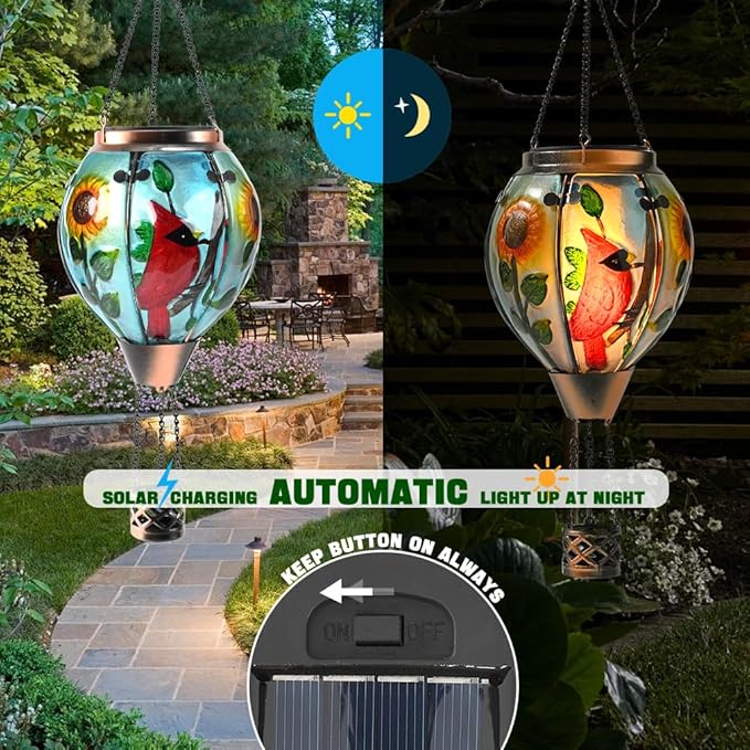 Hot Air Balloon Solar Lantern - Cardinal Bird Glass Lantern Simulated Flickering &amp Dancing Flame Outdoor Hanging Yard Light Waterproof IP65 for Patio Lawn Porch Decor Gift
