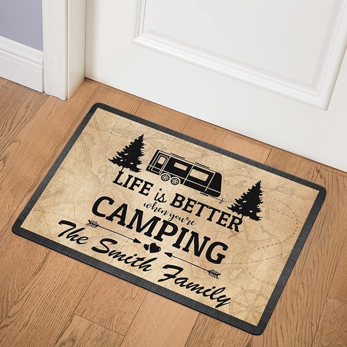 Personalized Campsite Doormat - Life is Better When You are Camping Custom Family Name Door Mat RV Accessories for Inside Outside Funny Rugs Decorations Travel Trailers 16 x 24 inches
