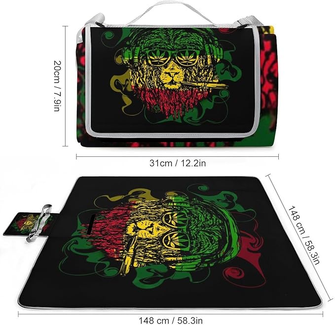 Lion of Judah Rasta Reggae Art Waterproof Outdoor Picnic Blanket Sandproof Beach Mat for Camping Hiking Grass Travelling