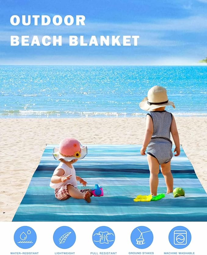 Beach Blanket Waterproof Sandproof Picnic Blanket 83x79 Foldable Beach Mat with Blue-green Stripes Ocean Beach Watercolor Pattern for Camping Park Grass Beach Travel