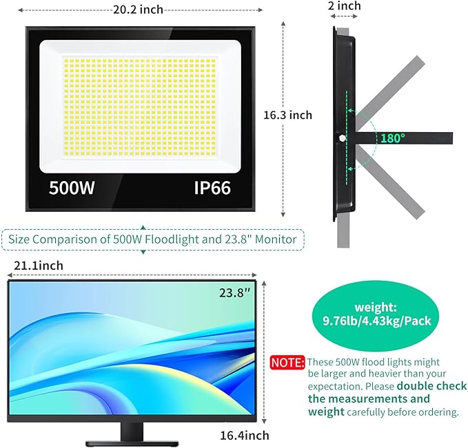 500W LED Flood Light Outdoor with Plug+10ft Cable 60000LM Ultra Brighter 5000K Exterior Security Light IP66 Waterproof Commercial Lighting for Sports Fields Counts Arena Stadium(2 Pack)