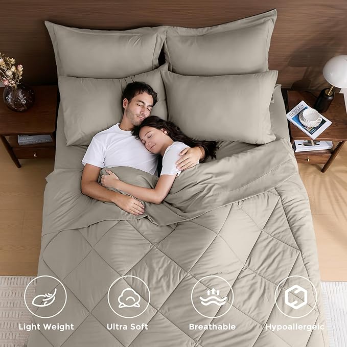 HEVUMYI Linen Full Comforter Set - 7-Piece All Season Bed in a Bag Full Ultra Soft Bedding Set with Comforter Flat Sheet Fitted Sheet Pillowcases Pillow Shams