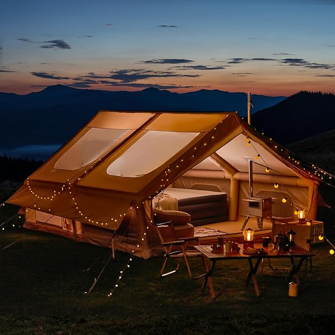 YOLENY 13x10FT Inflatable Camping Tent with Stove Jack &amp Mesh Windows &amp Pump 6-8 Person Glamping Tents with Clear Skylight 300D Oxford Waterproof Easy Setup 4 Season Windproof