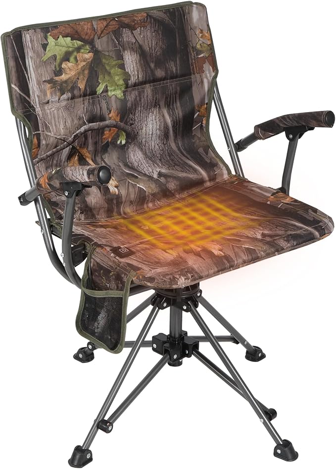 REDCAMP 360° Swivel Heated Hunting Chairs for Ground Blinds Portable Folding Camo Camping Chairs for Adults Hunting Seats with Hard Arms for Fishing Camping(No Power Bank)
