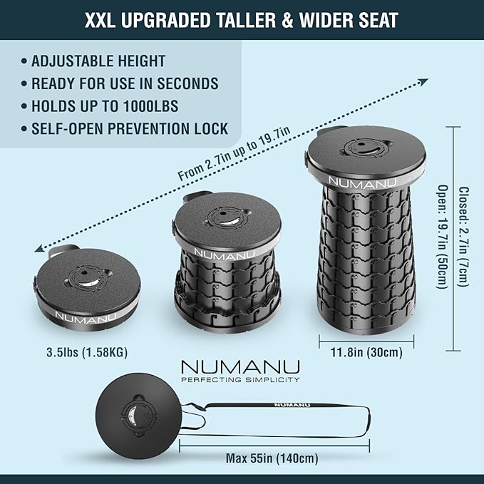 NUMANU 2PACK 2026 Upgraded XXL Collapsible Stool 19.7 1000lbs Max Weight Wider &amp Taller Pop Up Seat Heavy Duty Portable Retractable Folding Chair or Travel Foot Rest Gift for Camping &amp Ou