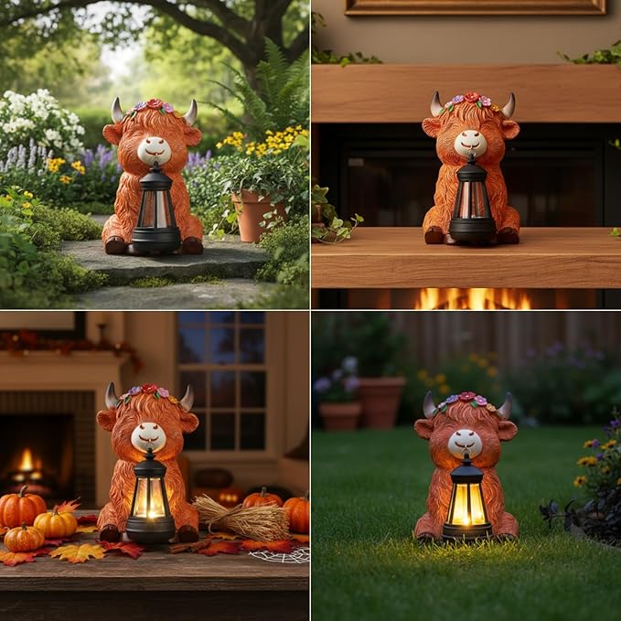 Garden Statues Highland Cow with Solar Lantern Outdoor Highland Cow Figurines Decorations for Patio Yard Lawn Ornaments Gifts for Mom/Grandma Birthday Housewarming