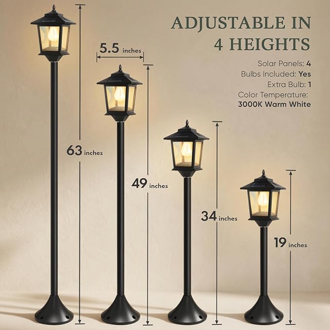 PASAMIC Outdoor Solar Post Lights 2-Pack 63 Dusk to Dawn Solar Lamp Posts Waterproof Floor Lamps Warm White Pole Lights for Patio with Replaceable Bulb