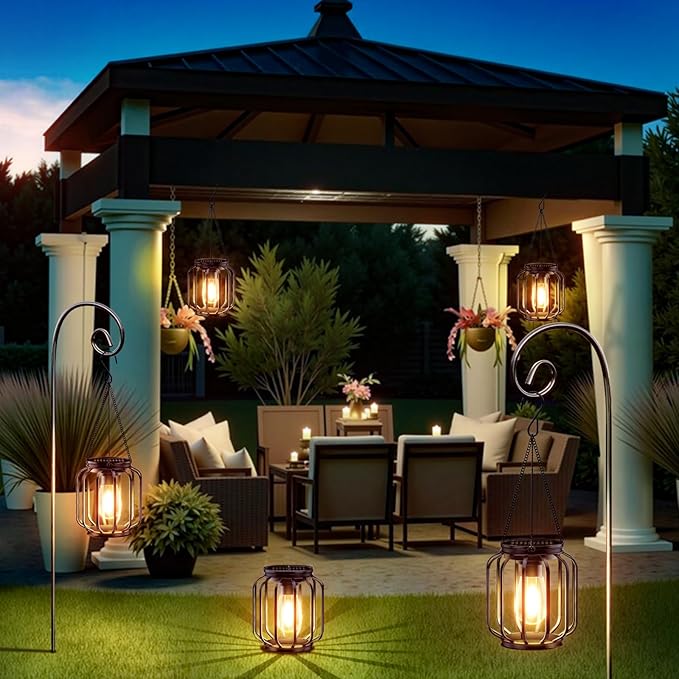 Solar Hanging Lanterns Outdoor: 2 Pack Metal Solar Hanging Lights with Hook Bright - Warm Waterproof LED Lanterns for Outside Classic Decorative Solar-Powered Light for Yard Garden Patio Porch Decor