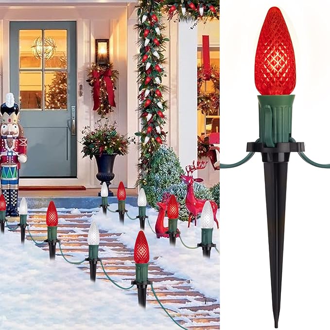 C9 LED Christmas Lights Outdoor with Stakes 25.7 Feet 20 LED C9 Strawberry String Lights Connectable Shatterproof Pathway Lights Marker for Path Lane Patio Xmas Holiday Decorations Red and White