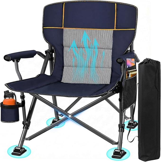 Jill Deaaa® Oversized Camping Chairs Heavy Duty Support 450 LBS Folding Outdoor Chair with Padded Back &amp Arm Folding Lawn Chairs with Side Pockets &amp Cup Holder for Outside Fishing Camp &a