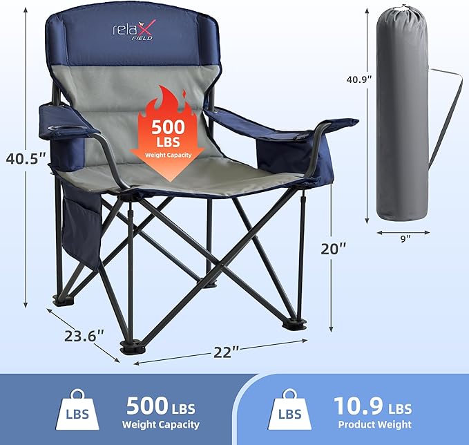 2 Pack Oversized Folding Camping Chair Heavy Duty Support 500LBS Outdoor Chair with Cup Holder Storage and Cooler Pouch Collapsible Padded Arm Chair for Sports Garden Beach Fishing Blue