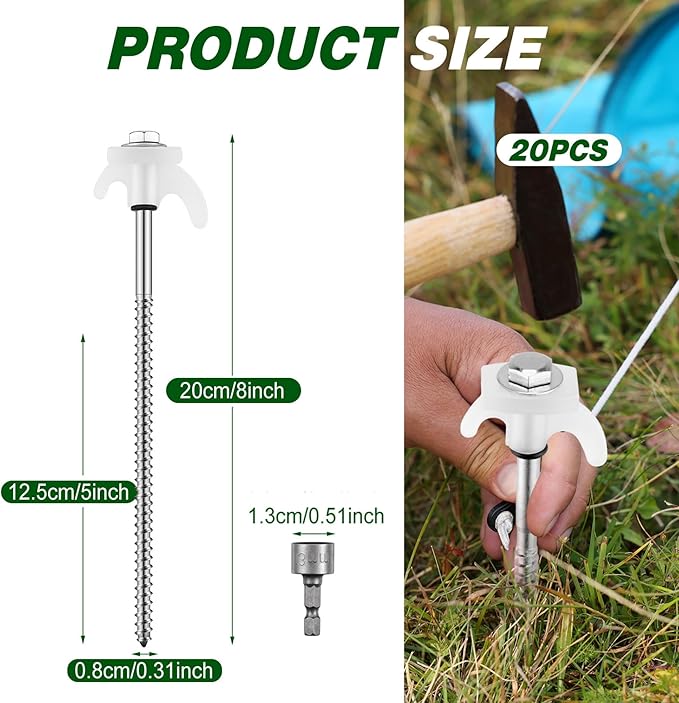 40 Pcs 8 Screw in Tent Stakes Heavy Duty Tent Stakes Drillable Ground Anchors Screw Metal Tent Pegs Threaded Tent Spikes with Head Driver for Swing Inflatable Decor (Illuminant White)