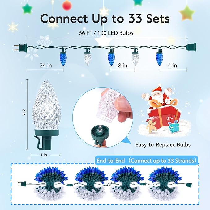 Brightown C9 LED Christmas String Lights 2 Pack Total 132ft 200LED Outdoor Lights String Plug-in Connectable Green Wire Lights Waterproof Roofline Lights String for Outside Yard Christmas Holiday