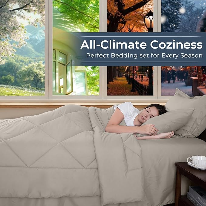 HEVUMYI Oatmeal Twin Comforter Set - 5-Piece All Season Bed in a Bag Twin Ultra Soft Bedding Set with Comforter Flat Sheet Fitted Sheet Pillowcases Pillow Shams