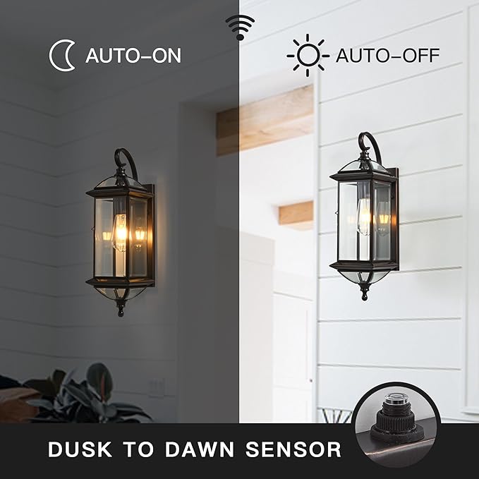 20''H Dusk to Dawn Sensor Outdoor Lighting Copper Large Porch Light Wall Mount with Tempered Glass Exterior Light Fixture for GaragePorchPatioOil-Rubbed BronzeE26 Socket1 Pack