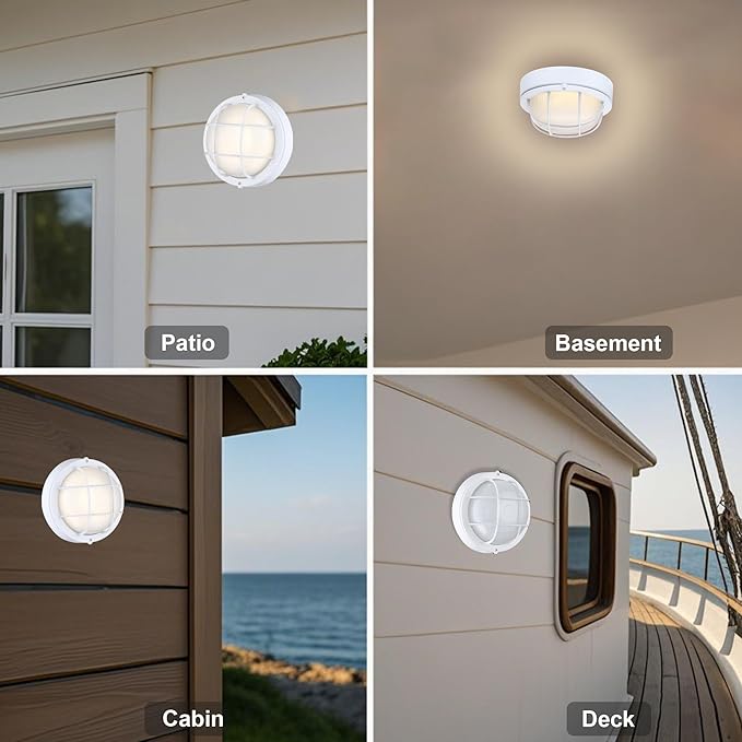 GRUENLICH 8'' Round LED Bulkhead Light Fixture Outdoor Wall Lights Dimmable Sauna &amp Exterior Lighting ETL Rated 15W 1500 Lumen 3000K Warm White White Cast Aluminum Wall/Ceiling Mount 1 Pac