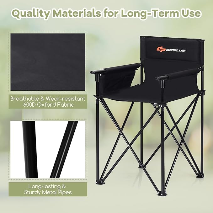 Goplus Folding Camping Chair Outdoor Portable Beach Chair Heightened Design w/Detachable Armrests Storage Pouches &amp Carrying Bag for Fishing Picnic Lawn (Black 250LBS Weight Capacity)