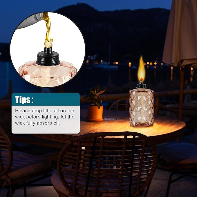 Glass Table Top Torch Outdoor Torch Canisters 12 ozRefill Canister with Wicks and Covers Patio Metal Torch for Luau Party DIY Garden Decor (4 Packs) (Orange)