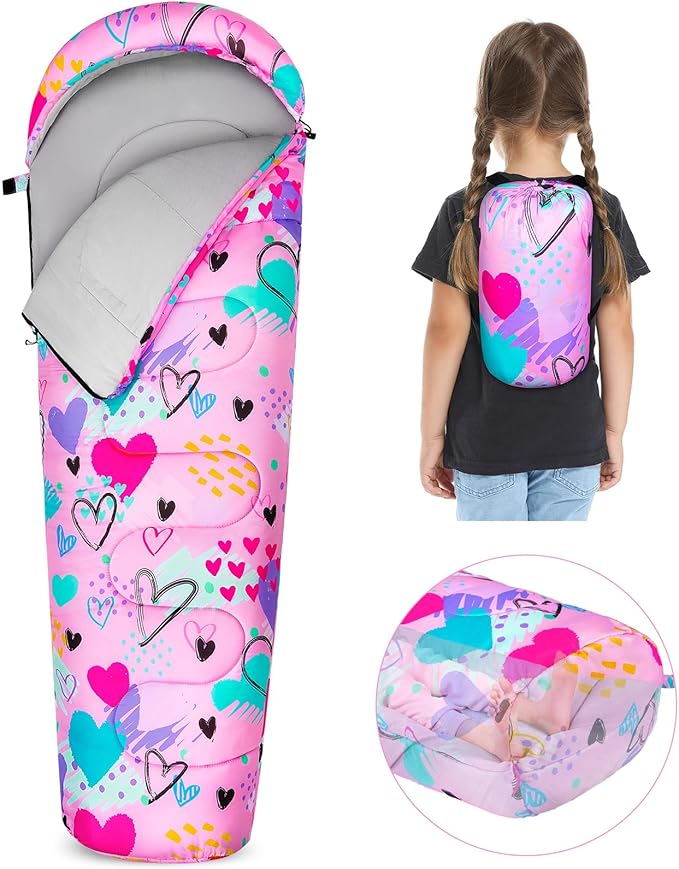 FIOBEE Kids Sleeping Bag for Girls Boys 3 Season Warm &amp Cool Weather Youth Camping Sleeping Bags with Backpacking Bag Waterproof for Traveling Hiking Indoor Outdoor Camping Essentials