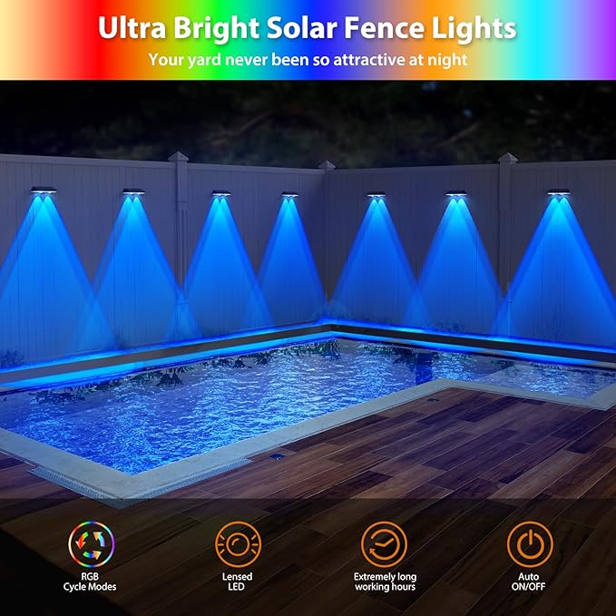 Solar Fence Lights RGB &amp Warm White &amp 6 Colors Bright Lens LED Dusk to Dawn Deck Light Fence Solar Lights Outdoor Waterproof Solar Outdoor Lights for Backyard/Railing/Wall/Step/Patio/Pool (