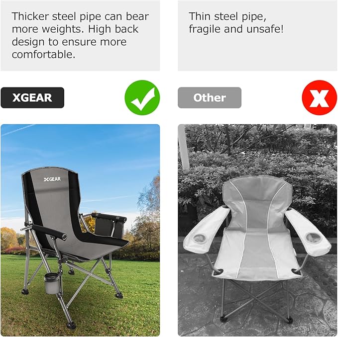 XGEAR Camping Chair with Padded Hard Armrest Sturdy Folding Camp Chair with Cup Holder Storage Pockets Carry Bag Included Support to 400 lbs