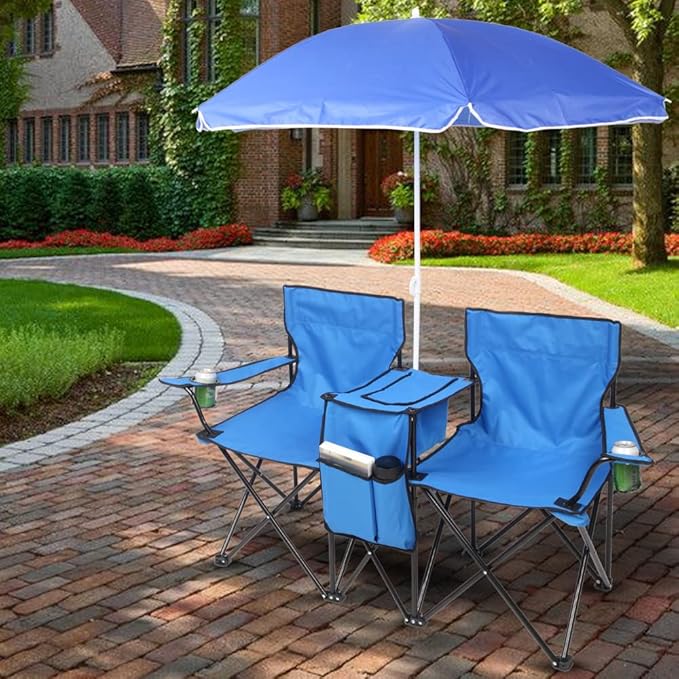 Portable 2 Seat Folding Camp ChairDouble Camping Chairs with Umbrella with Cooler Bag Beverage Holder Carrying Bag Foldable Lawn Chair for Outside Picnic Beach (Blue)