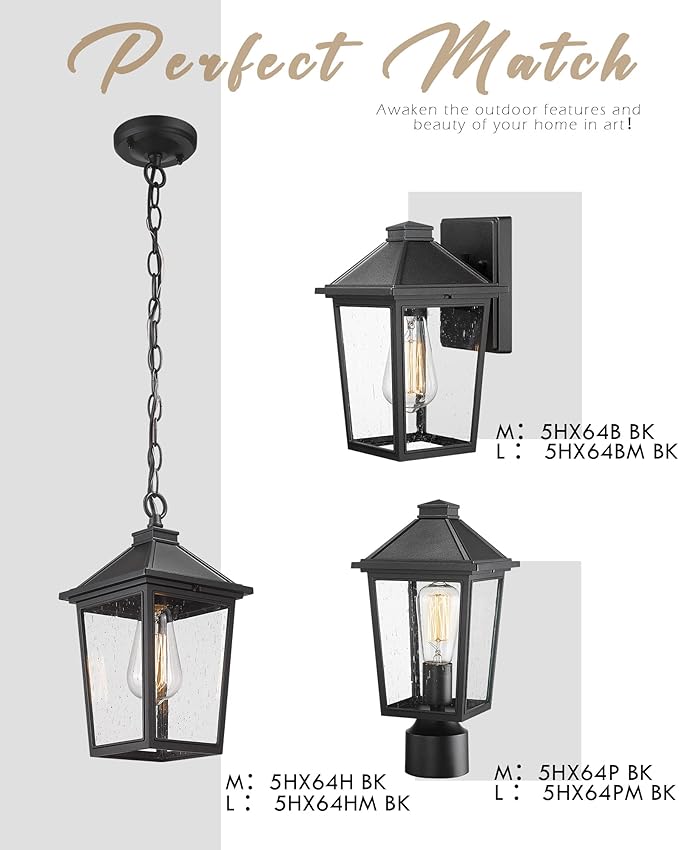 Outdoor Wall Sconce HWH Exterior Wall Lantern Porch Lights Outdoor Wall with Seeded Glass Shade Waterproof for Doorway Hallway Garage Matte Black Finish 5HX64B BK