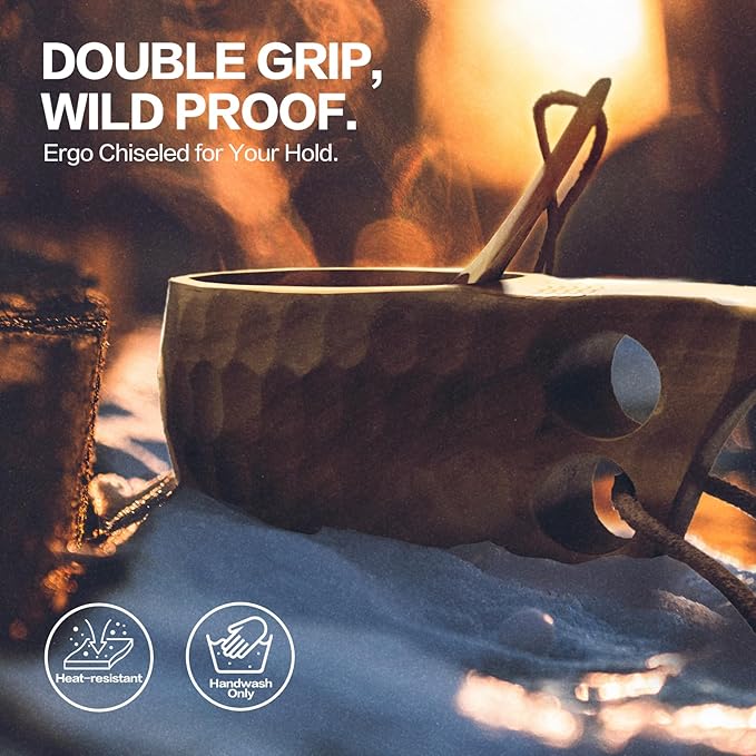 Nordic Kuksa 8oz (225ml) w/spoon Handcrafted Wooden Camping Cup Set - Bushcraft Gear. Crafted from natural hardwood. Wilds-to-Home Ready! Classic Wood Turtle Double Hole.