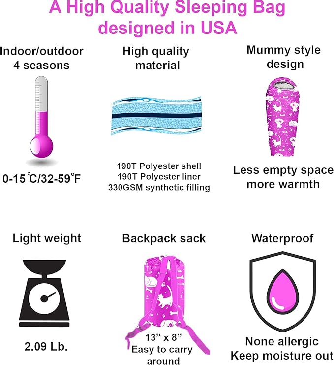 KidzAdventure Mummy Style 32 – 59F Kids Sleeping Bag with Pillow Sleeve 4 Season Lightweight and Backpacking Style Ideal for Camping Sleepover Boys Girls Youth and Toddlers
