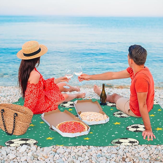 Waterproof Sandproof Beach Blanket 59''×68'' Football Polyester Outdoor Picnic Blanket with 4 Stakes &amp Storage Bag for BeachCampingVacation Bamboo Green
