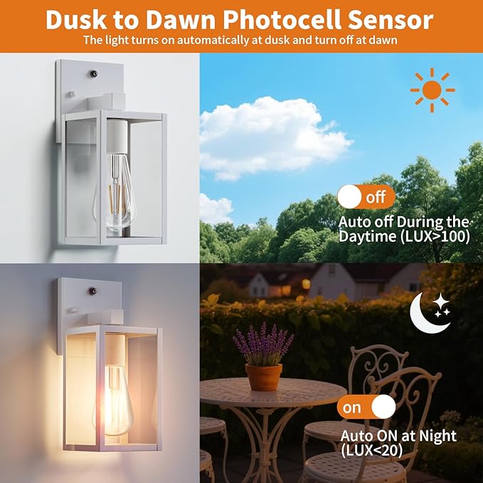 2 Pack White Dusk to Dawn Front Porch Lighting Fixtures Wall Mount Sensor Outside Exterior Lights for House Outdoor Lantern Lamp Waterproof Wall Sconce Lights Coach Light for Garage Entryway