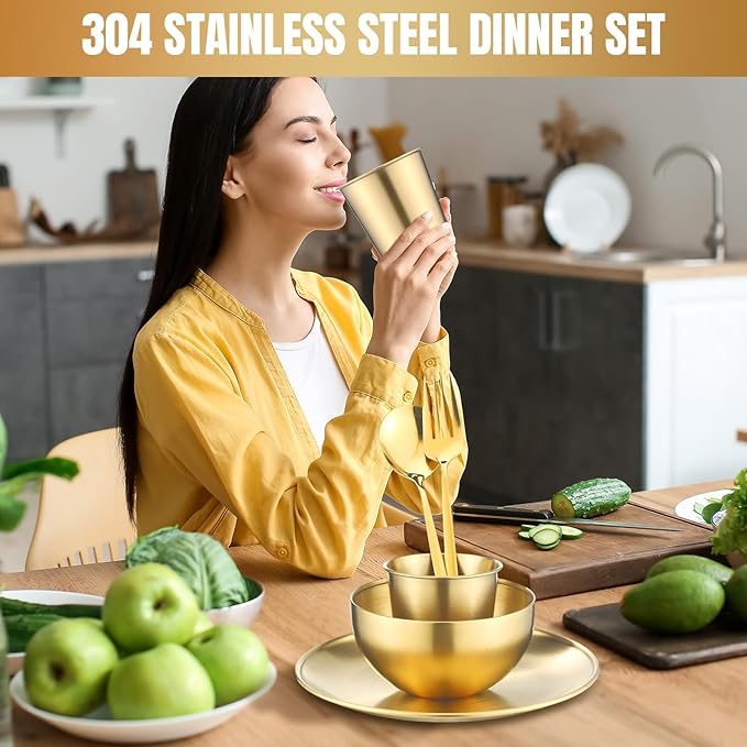 Jinei 30 Pcs 304 Stainless Steel Dinner Set Stainless Steel Plates and Bowls Include Plates Bowls Cups Forks Spoons Utensil Reusable Metal Camping Dinnerware Tableware for Home Picnic Kitchen (Gold)