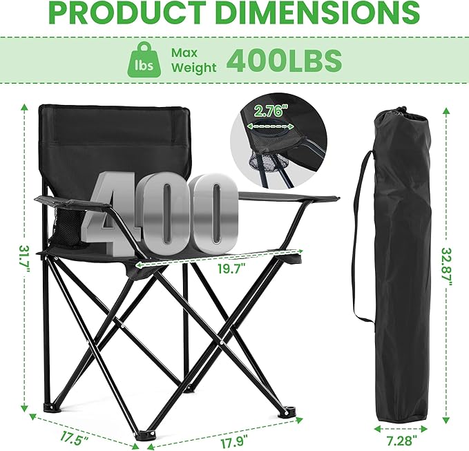 2 Pack Portable Camping Chairs Folding Lawn Chair Outdoor Lightweight Beach Chair with Cup Holder &amp Carry Bag for Outside Sports Fishing Hiking Travel Picnic Backyard (Black-Dark)