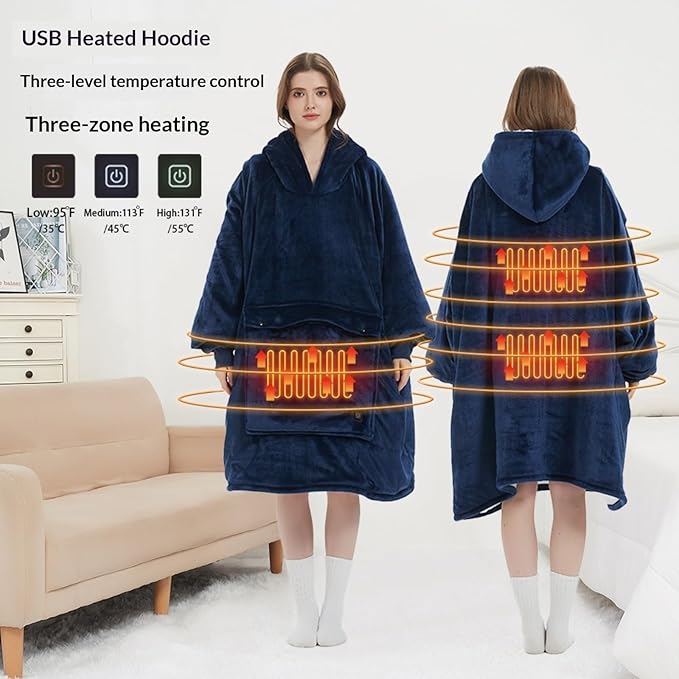 Portable USB 3-Speed Heating Hooded Fleece Camping Blanket Outdoor Warm Blanket for Camping Picnics &amp Home (Grey)