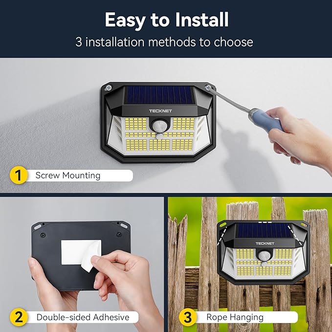 TECKNET 231 LED Motion Sensor Outdoor Lights 6 Pack 300° Solar Security Wall Lights 3 Lighting Modes IP65 Waterproof PIR Motion Sensor for Outside Fence Garden Yard Deck Garage - Warm White