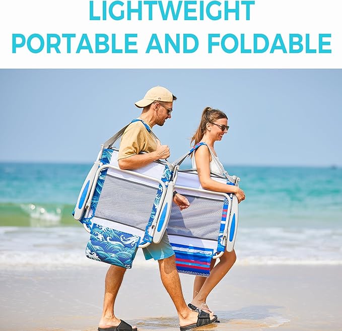 #WEJOY Folding Beach Chair for Adults 4-Position Lightweight Beach Chair Low Beach Chairs with Shoulder Strap Cup Holder and Headrest Supports 265lbs for Beach LawnDarkblue/White
