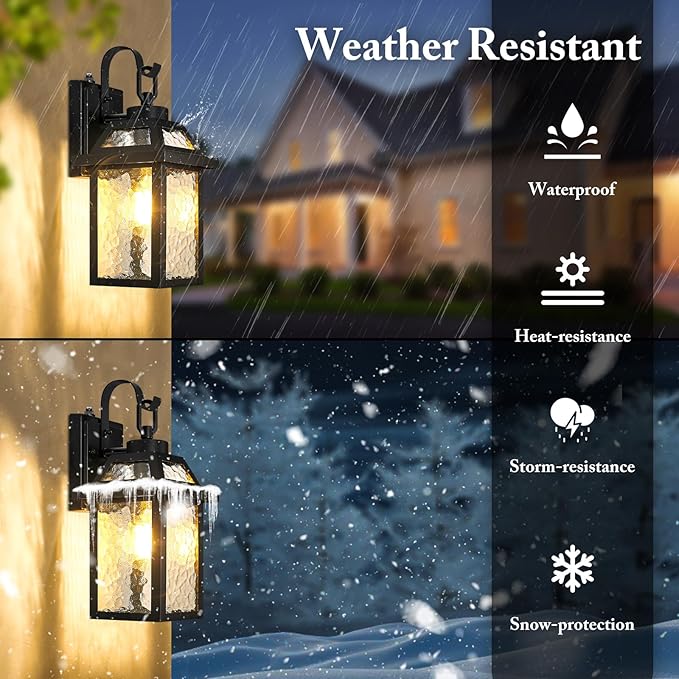 BesLowe Dusk to Dawn Outdoor Wall Lights Exterior Lighting Fixtures Wall Mount Porch Lights Outdoor Wall Sconces with Water Ripple Glass Outside Lights for House Front Door Garage 2-Pack