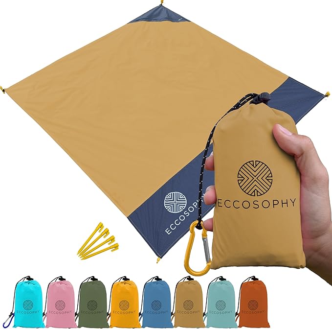 ECCOSOPHY Sand Proof Beach Blanket - Waterproof Picnic Blanket 60x55 Outdoor Compact Pocket Blanket Lightweight Ground Cover for Hiking Camping Festivals Sports Travel with Bag &amp Stakes (Caramel)