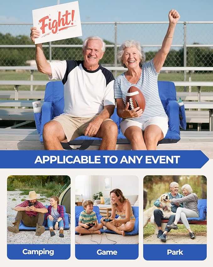 Sportneer Stadium Seats with Back Support: 2.5'' Thick Comfy Cushion 6 Adjustable Angle Bleacher Seat with Armrest - 2 Large Pockets 2 Cup Holders Stadium Chair for Sport Events Concerts Parks