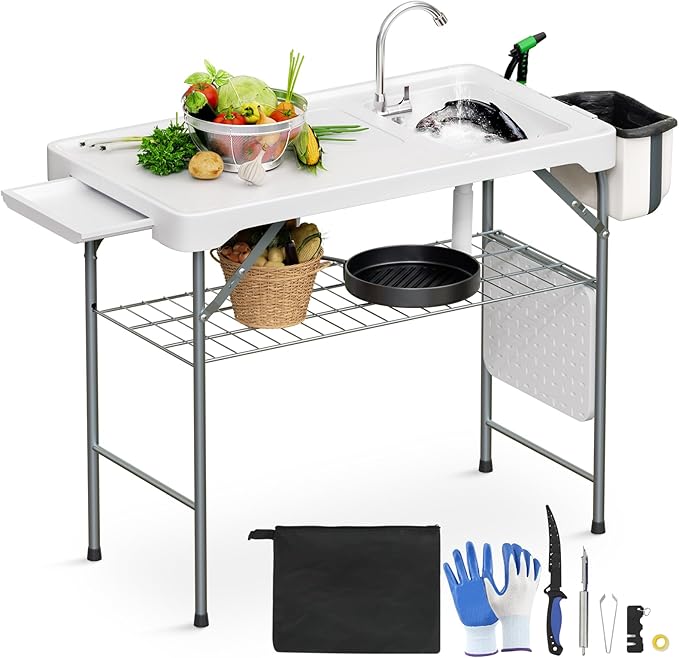 MoNiBloom Folding Fish Cleaning Table with Double Sink Portable Camping Outdoor Heavy-Duty Fillet Station with Faucet Drainage Hose Sprayer and Knife for Picnic Fishing Garden Patio Beach White