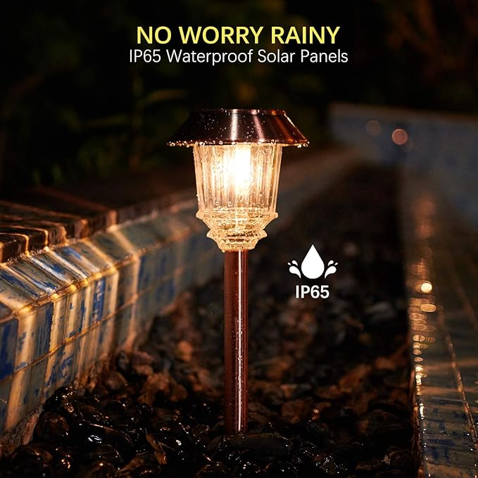 XMCOSY+ Solar Lights Outdoor Waterproof 4 Pack Solar Lights for Outside 10-40 LM Dimmable LED Glass Outdoor Solar Lights for Yard Pathway Garden Lawn Driveway Walkway (Warm White)