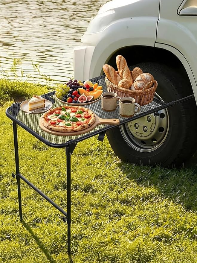Camping Table for Tire Mount 66Lbs Capacity Heavy Duty Carbon Steel Foldable Table Portable Side Stand for Car Tailgate and RV Travel Black