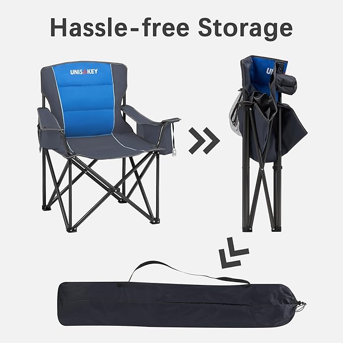Oversized Folding Camping Chair for Adults - 450lbs Support - Heavy Duty Portable Lawn Chairs with Side Pocket Cup Holder Cooler Bag for Sports Garden Beach Fishing Blue