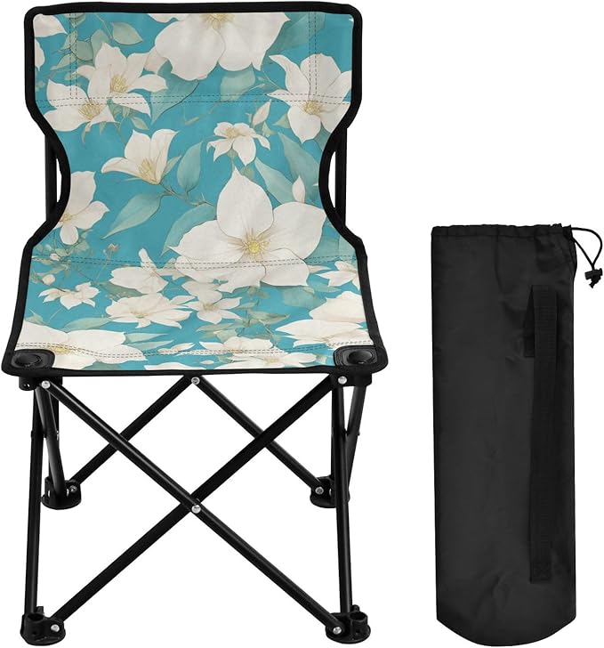 KLL Chic White Clematis Flowers Teal Background Folding Camping Chairs Lightweight Folding Backpack Chair Carry Bag Included Ice Fishing Chairs for Traveling Camping