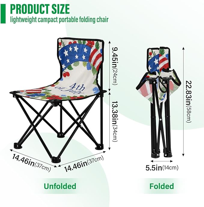 KLL 4th of July Independence Day Red and Blue Garland Compact Foldable Chairs Ultra Lightweight Packable Chair with Carrying Bag Ice Fishing Chair with Back for Outdoor Travel