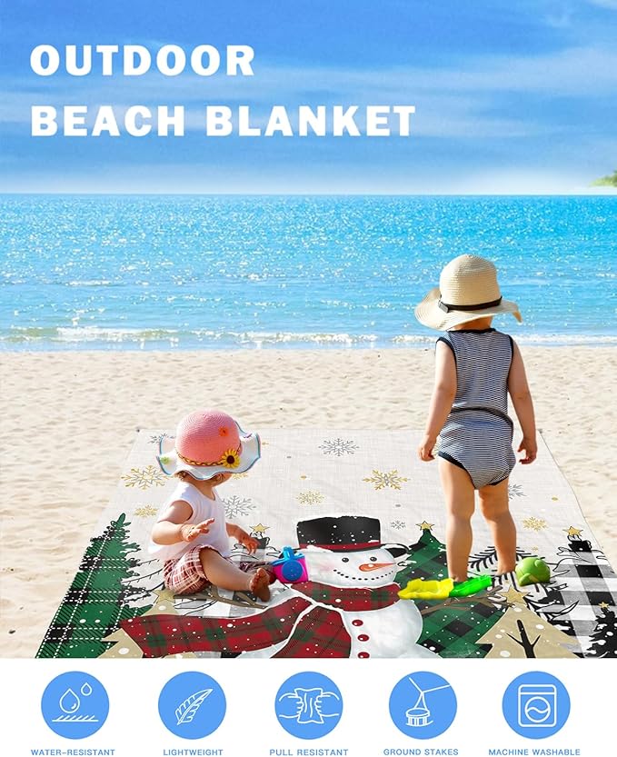 Beach Blanket Waterproof Sandproof Christmas Tree Cute Snowman Quick Drying Beach Mat with 4 Stakes Winter Snowflake on Linen Lightweight Picnic Blanket for Travel Camping Outdoor 118x108